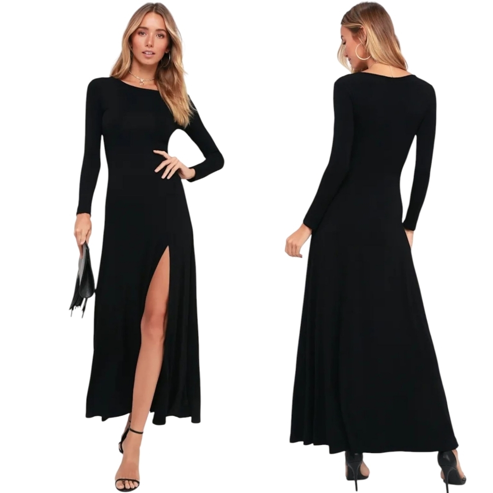 Lulu's Swept Away Black Long Sleeve Rounded Neck Thigh Slit Maxi Dress Size M